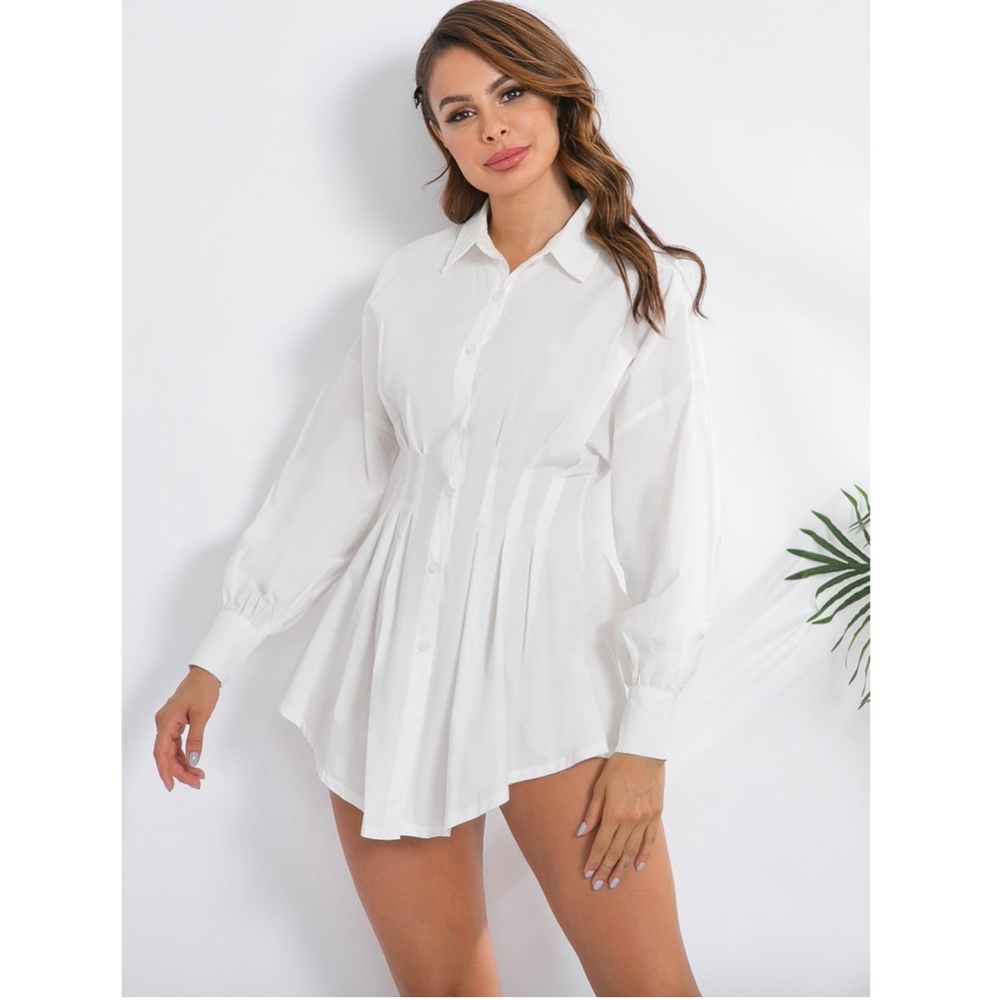 White Waist Fitted Drop Shoulder Buttoned Shirt - Picture 8 of 17